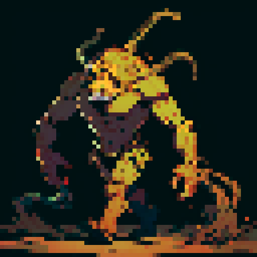humanoid sludge monster, brown sludge, yellow eyes, full body walking towards camera, sRGB, pixel art