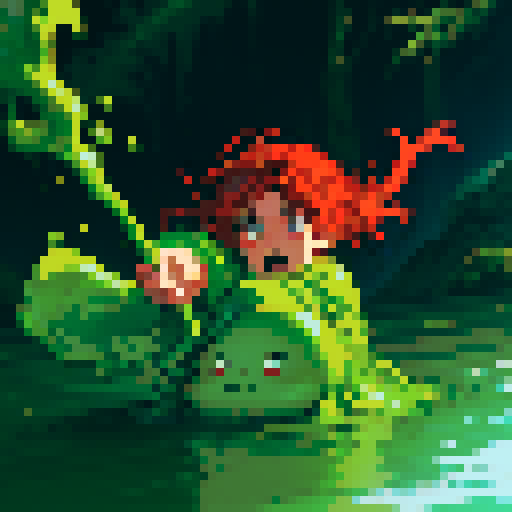 hero sinking into slime, hero drowning in slime, hero has red hair, hero has silver armor, reaching up, panic, sinking deep into slime