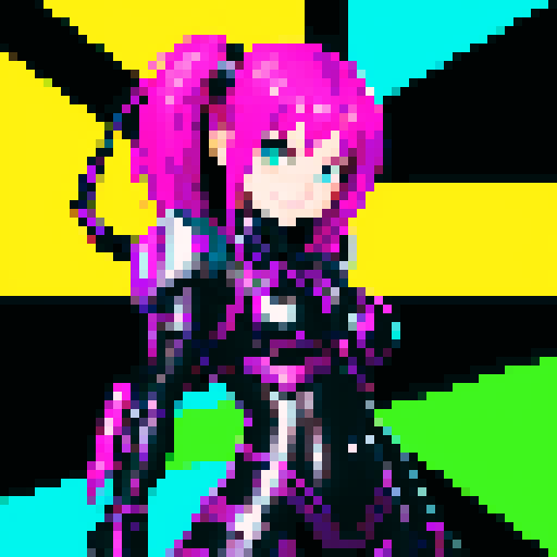 cute girl with vibrant hair, expressive eyes, and a playful smile, with a metallic cyberpunk scorpion tail as weapon, two head style