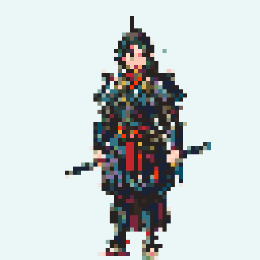 historically accurate muromachi samurai in traditional armor, roguelike rpg full-body sprite