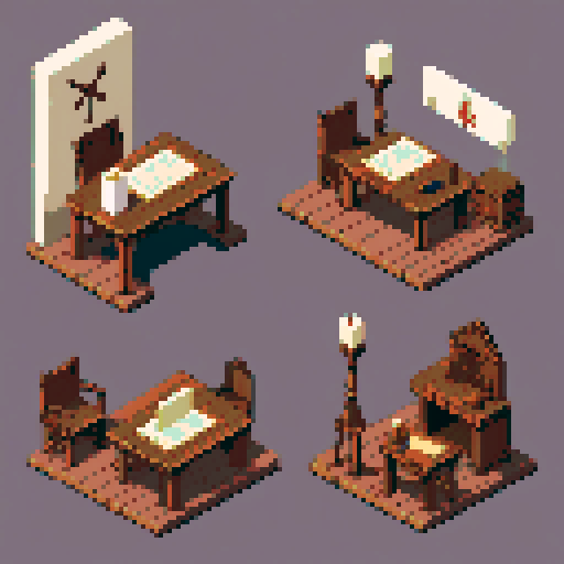 building, inside, block, wood, isometric, medieval, writing table, feather pen, ink, paper, papers, royal seal, law, dark