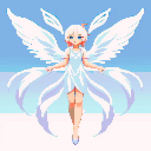 
Beautiful, ethereal angel with shimmering wings and flowing, liquid-like chrome body, rendered in minimalist pixel art with vibrant, dazzling sRGB colors