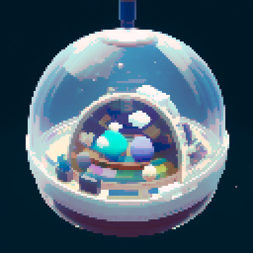 Inside of a sphere spaceship shaped like a gachapon with a clear top half looking out to space. In the middle of the room a capsule shaped container. cozy white space theme