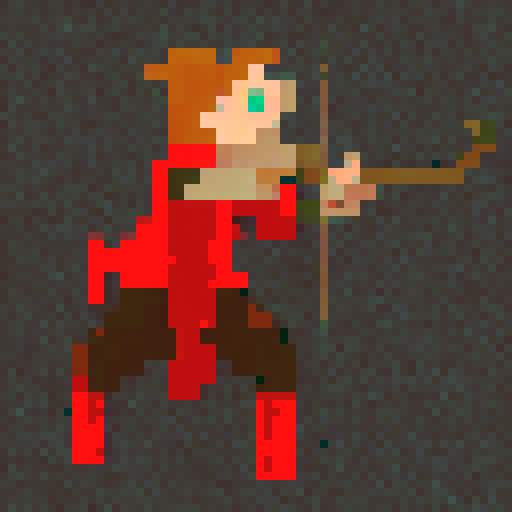 archer drawing back bowstring, fiery arrows, forest backdrop, determined expression, leather armor, pixelated feathers on arrow fletchings.