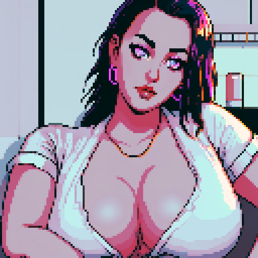 curvy, busty goth babe, close up portrait shot, neon lighting, modern tile backsplash, pixel art, sRGB