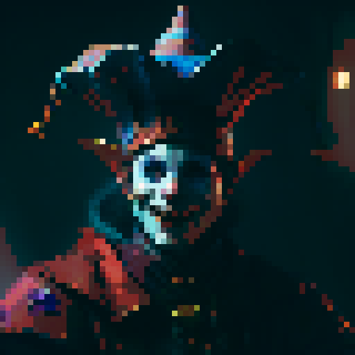 jester, vibrant colors, elaborate costume, mischievous expression, medieval backdrop