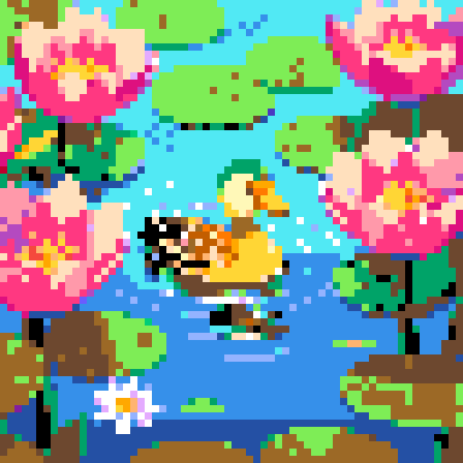 duck in a pond, vibrant colors, pixelated water ripples, serene reflection, lush greenery, blooming flowers, hand-drawn details