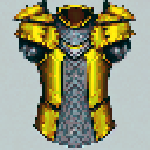 Yellow paladin armor with intricate, gleaming etchings, towering pauldrons, and a sharp, pointed helm, crafted with a stylized, game asset design in mind