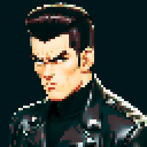 Muscular, tough greaser man with a pompadour hairstyle, wearing a motorcycle jacket, pixel art, sRGB colors, portrait, face avatar
