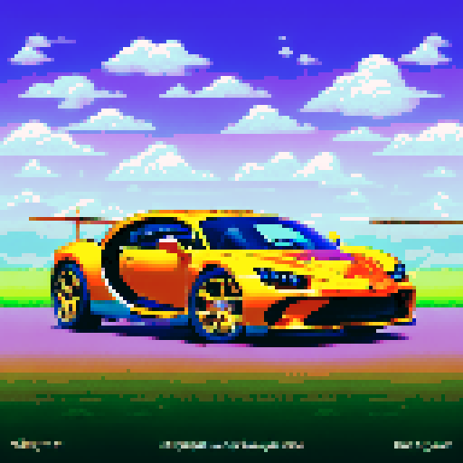 Photorealistic, centered Buggati Chiron in a three quarter view, right wheel in front, clean background, pixel art style with sRGB colors
