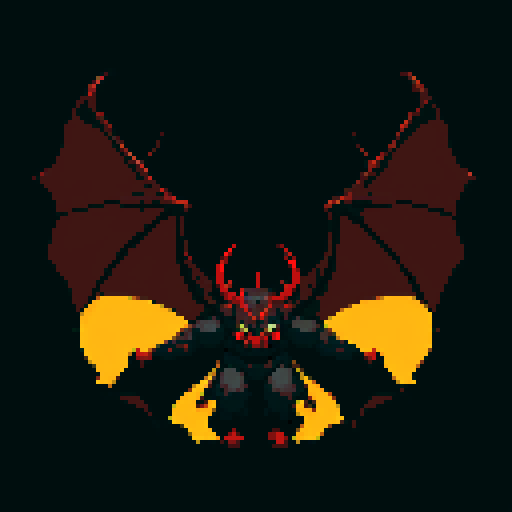 A towering demonic figure with massive horns, sharp claws, and large bat-like wings. Its dark red skin is covered in glowing runes and it has piercing yellow eyes. It exudes a powerful and sinister aura. No background.
