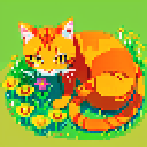 orange cat lying on the meadow, dragonfly on its head, warm summer sun, warm tones