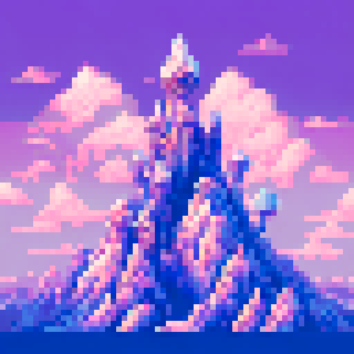 Towering, jagged peaks of white ice looming over a frozen wasteland, rendered in a pixelated style with a subtle sRGB color palette