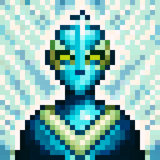 Alien creature with exotic features, wielding a futuristic gun, in a captivating and unusual environment like a barren alien desert, dense alien jungle, or futuristic cityscape, close-up, skill art, game icon style, 32x32 pixel art, sRGB, portrait, with a stance and expression that showcases its power and precision