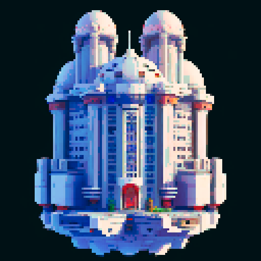Floating space station with architecture representing a bureaucratic building. it should look like a grandiose tribute to capitalisim. 