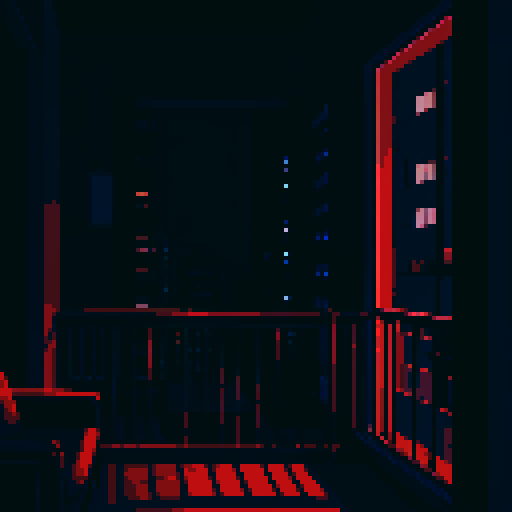 dark nighttime city apartment interior at night, balcony, melancholy, depressed, lonely man's apartment, sadness, dimly lit, bare