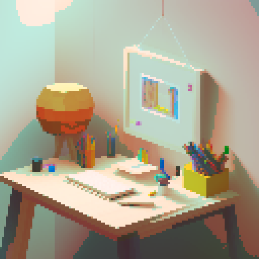 Colorful paints, paintbrushes, and palettes, scattered on a wooden table with bright studio lights, surrounded by sketches and drawings, capturing the essence of an artist's pixel art studio