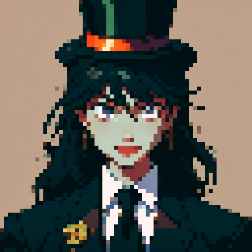 guy, black formal suit, tie, top hat, smile mask, gold details, Magic The Gathering style, sRGB, pixel art