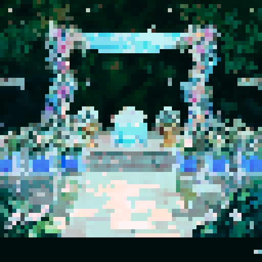 a vibrant chuppah with intricate floral patterns in shades of blue and white, surrounded by lush greenery and delicate hanging lights, against a backdrop of deep blue ocean waves fading into a midnight sky