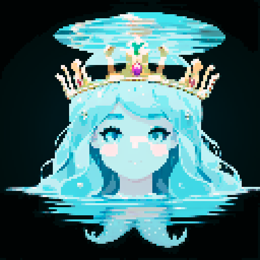 Create a close-up image of a mermaid with a crown in sober style, with her face partially submerged underwater. Half of her face is above the water's surface, revealing her beautiful features. The crown should have an ethereal, shimmering quality, adding to her majestic presence.