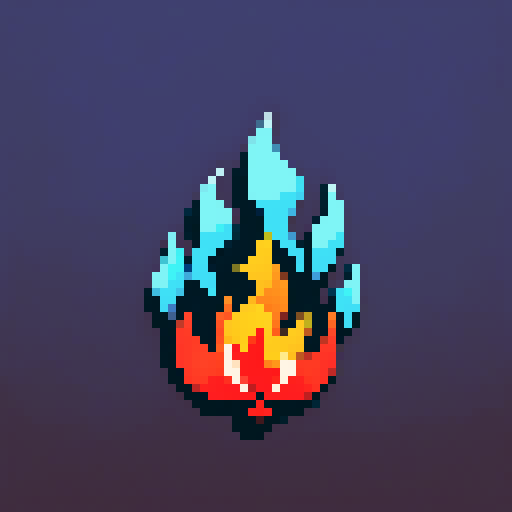 skill icon of a flame, vibrant colors, pixel art, dynamic motion, glowing embers, sharp edges, flickering light, high contrast, sRGB color space, fiery intensity, intricate details