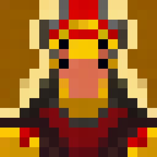 knight, medieval, pixel art, close up, portrait, helmet with golden visor, chainmail armor, flowing red cape, fierce expression, shining sword, shield with heraldic design, battle scars