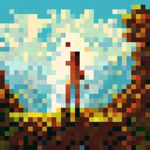 faceless nude human in yellow, wielding bow, targeting animal, surrounded by greenery, pixel art, sRGB