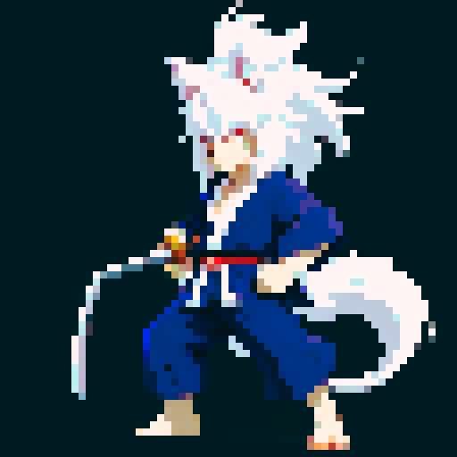 beast man with wolf ears and tail, white hair, brilliant dark blue yukata, pixel art, sRGB, 2D game stance, tall and slim, katana
