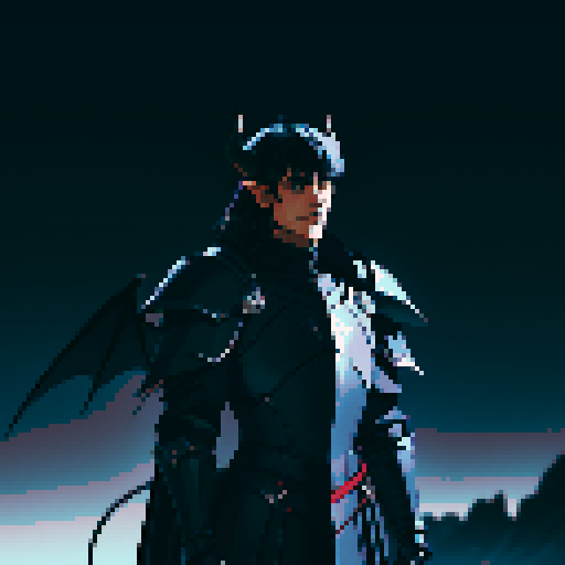 black armor, sexy, long black hair, male knight, man, demon knight, demonic wing, horns, black hair, black armor, dark background