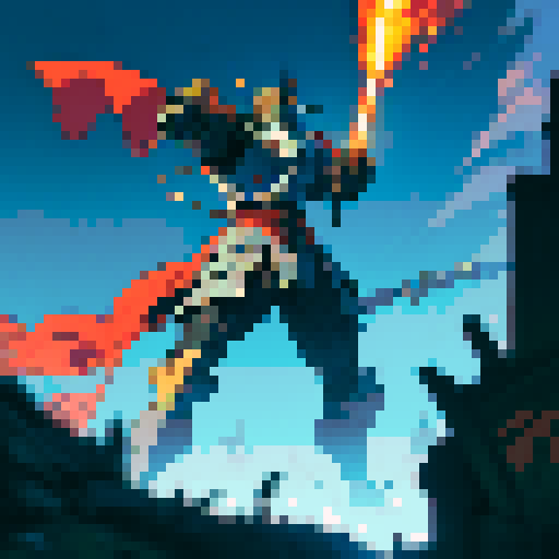 Mech warrior, towering over knights with glowing swords, unleashing magical blasts amidst swirling cannons and medieval armored suits, all in vibrant sRGB pixel art