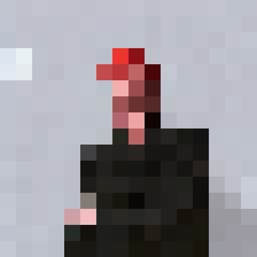 Rick Astley's spiky, blonde hair, framed by a vibrant red background, evokes a sense of nostalgia in this pixelated, 16x16 game icon-style portrait, where his infectious smile and twinkling blue eyes take center stage