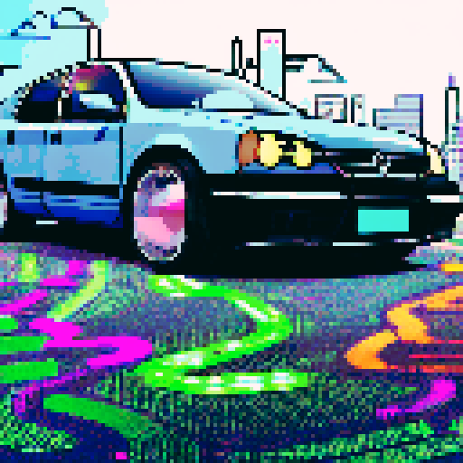 Zooming past neon-lit streets, the Golf mark 2's headlights reflect off the glossy buildings, as the anime-style cityscape blurs into a kaleidoscope of vibrant colors and futuristic architecture.