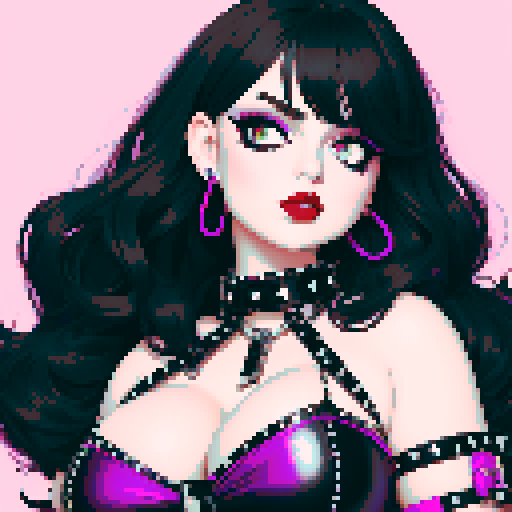 curvy, cute busty goth woman's face, whole head portrait, black hair, purple eyeshadow, red lipstick, low cut black studded leather halter top, studded collar, vibrant sRGB colors, edgy aesthetic.