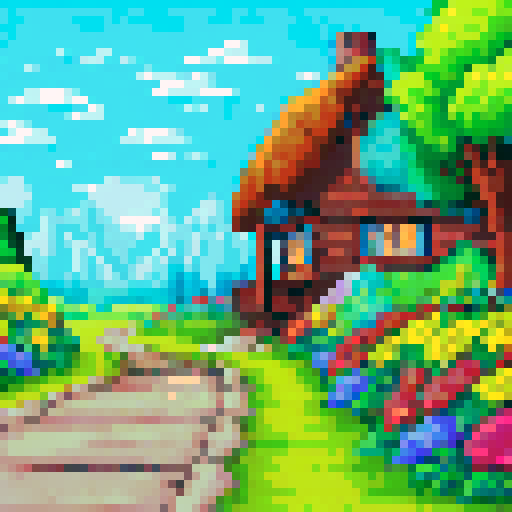 an adorable cottagecore cottage with a winding path and garden of wildflowers limited colors