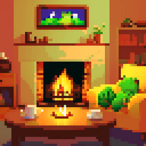 Cozy living room, crackling fireplace, warm glow, comfortable sofa, cute little frog, tiny feet dangling, content expression, small coffee table, steaming cup of coffee, aroma wafting, frog holding coffee, pixel art, cute, masterpiece, kawaii, sRGB