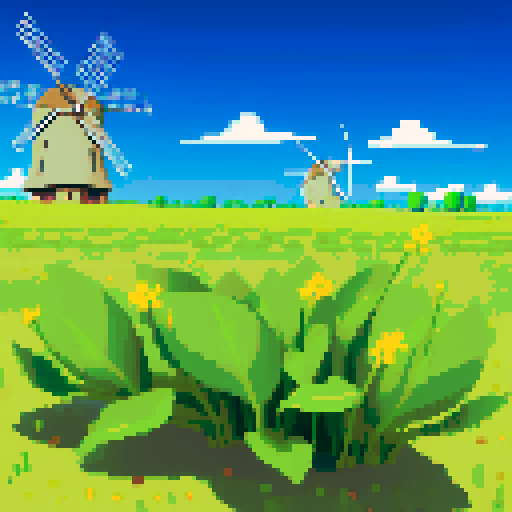 Wide open field, plains, sprouts of three long leaves, grey windmill in background