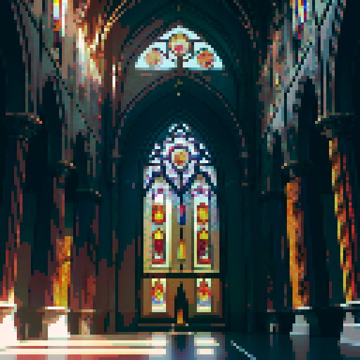 Gothic cathedral interior, towering stained glass windows, flickering candlelight, ornate stone arches, intricate stone carvings, ethereal sunlight streaming through, dramatic shadows, pixelated details, vibrant sRGB color palette