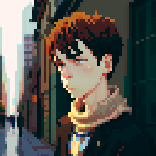 portrait, sprite art, young man, sad, narrow eyes, muted colors, depressed, city dweller, neutral, eccentric