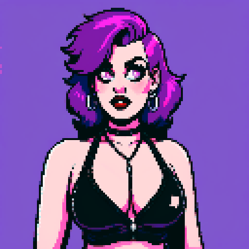 Plus size curvy, cute, busty greaser goth girl, with purple hair, black eyeshadow, red lipstick. Large breasts, large chest, wearing halter top and studded collar. Posing for sexy photo. whole head portrait, avatar photo. vibrant sRGB colors, pixel art, edgy aesthetic