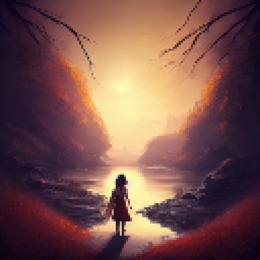 the Girl Stand at the river near the window and she sad, the yellow sky, Flower fall on the ground with dargon