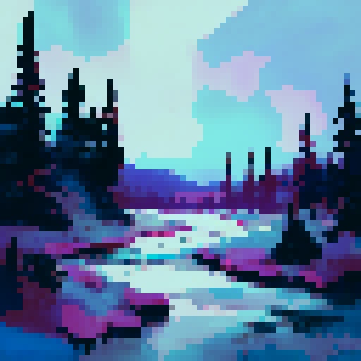 billowing northern lights reflected in a frozen river between high mountains over icy tundra and pines neon blue and pink with dark colors too