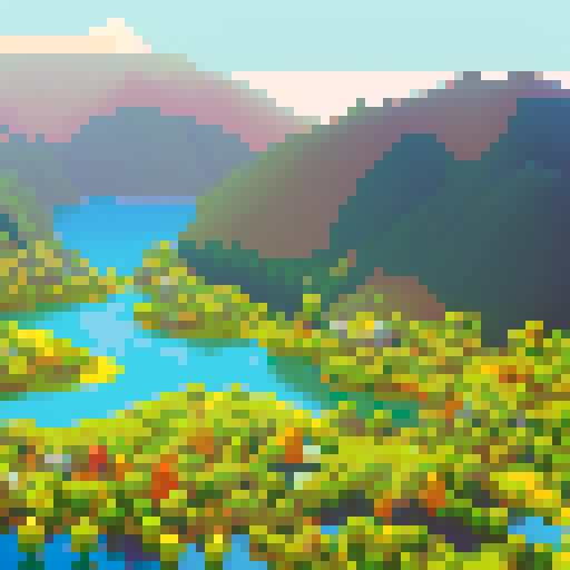 Picos cobertos de neve elevando-se sobre um lago sereno, cercado por florestas verdejantes e flores silvestres florescentes, tudo renderizado em pixel art sRGB vívido com um fundo de uma paisagem deslumbrante
