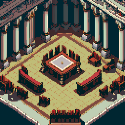 royal council, throne, columns, building, inside, block, wood, discussion table, table, modest