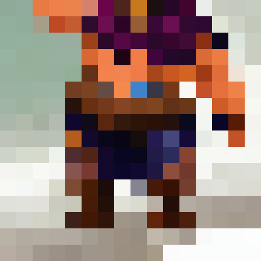 Create a full-body 16x16 pixel portrait of a towering, muscular warrior adorned in gleaming golden armor, wielding a massive silver sword with glowing blue runes etched into the blade, standing atop a jagged mountaintop with a stormy sky in the background.
