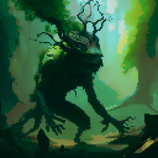 A walking tree monster, several long limbs on his head and arms