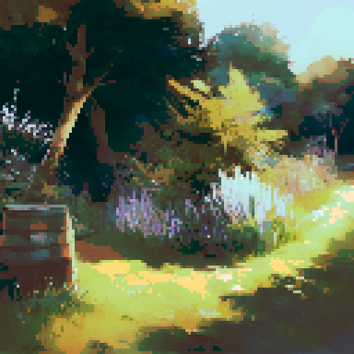 beehives in a woodland clearing, blue sky, English countryside, landscape portrait