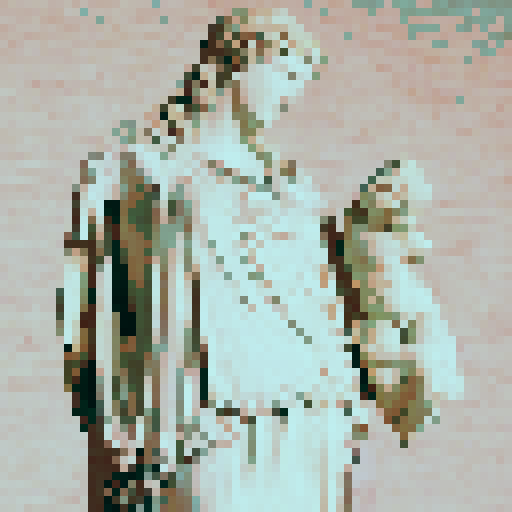 plutus sculpture, vibrant colors, geometric shapes, isometric view, low resolution, retro aesthetic