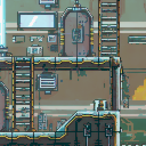 run-down, apocalyptic atmosphere, pixel art, inside of a Futuristic robot factory, sRGB, pixel art, background, landscape, dilapidated machinery, sparks flying, smog-filled air, towering metal structures, cracked concrete floors, flickering neon lights, rusted conveyor belts, broken windows, shattered glass, discarded robot parts, overgrown vines, eerie shadows, abandoned control panels