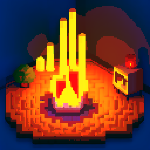 a campfire inside a duneon room, a resting place, closeup
