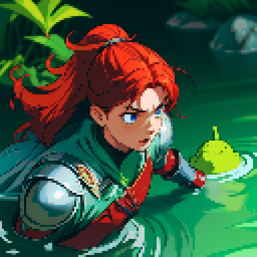 hero sinking into slime, hero drowning in slime, hero has red hair, hero has silver armor